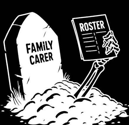 A gravestone marked 'Family Carer' with a skeletal hand still holding the care roster.
